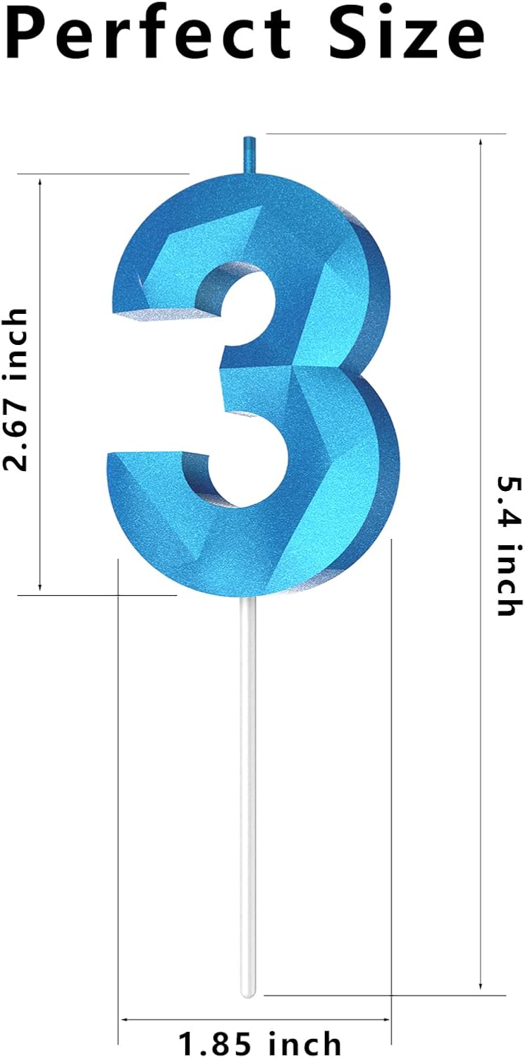 Number Birthday Candles(3 Candle Blue) 3D Diamond Shape Number Happy Birthday Cake Candles for Birthday Party Wedding Decoration Reunions Theme Party