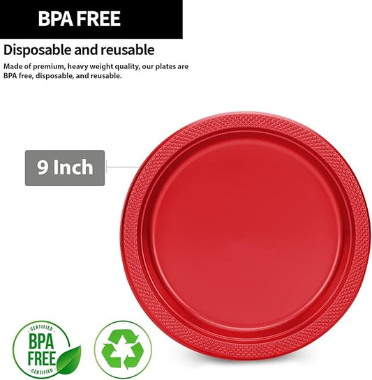 Hanna K. Signature Collection Red Plastic Plates, 9‑Inch Round, 50 Count – Disposable Heavy‑Duty Dinner Party Plates for Weddings, BBQs & Birthdays