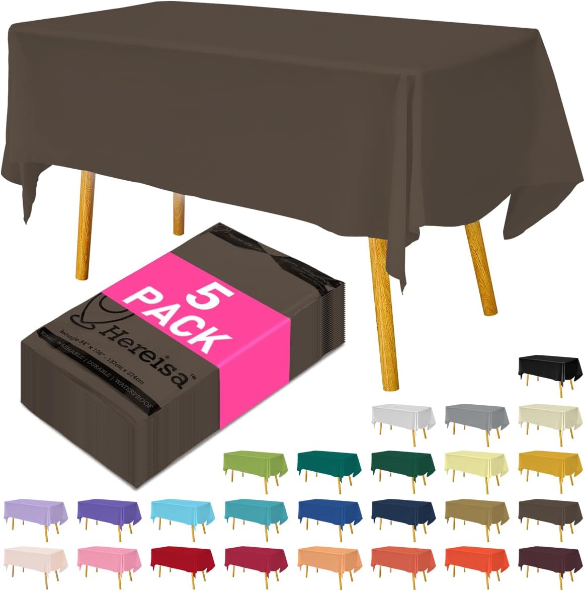Disposable Plastic Tablecloth Brown 54x108 Inch, 5-Pack Waterproof Rectangular Table Cover for Parties, Picnics, Dining Protection