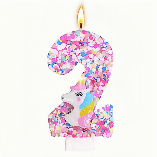 Unicorn Number Birthday Candles Decoration, Unicorn Themed Birthday Party Supplies, Glitter Sequin Birthday Cake Topper for Boy Girl Kids (Number 2)