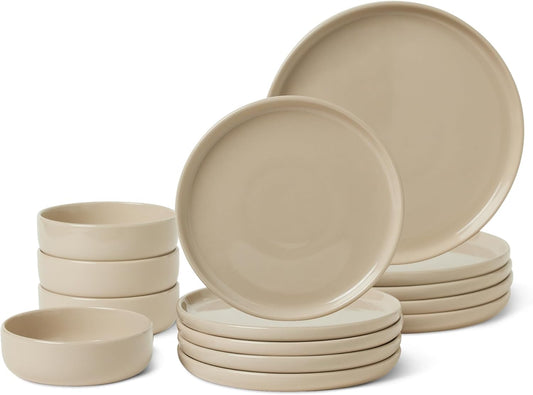 Amazon Basics Glazed Stoneware Dinnerware, 12-Piece Set, 4 Full Place Settings, Dishwasher-Safe, Linen Gray