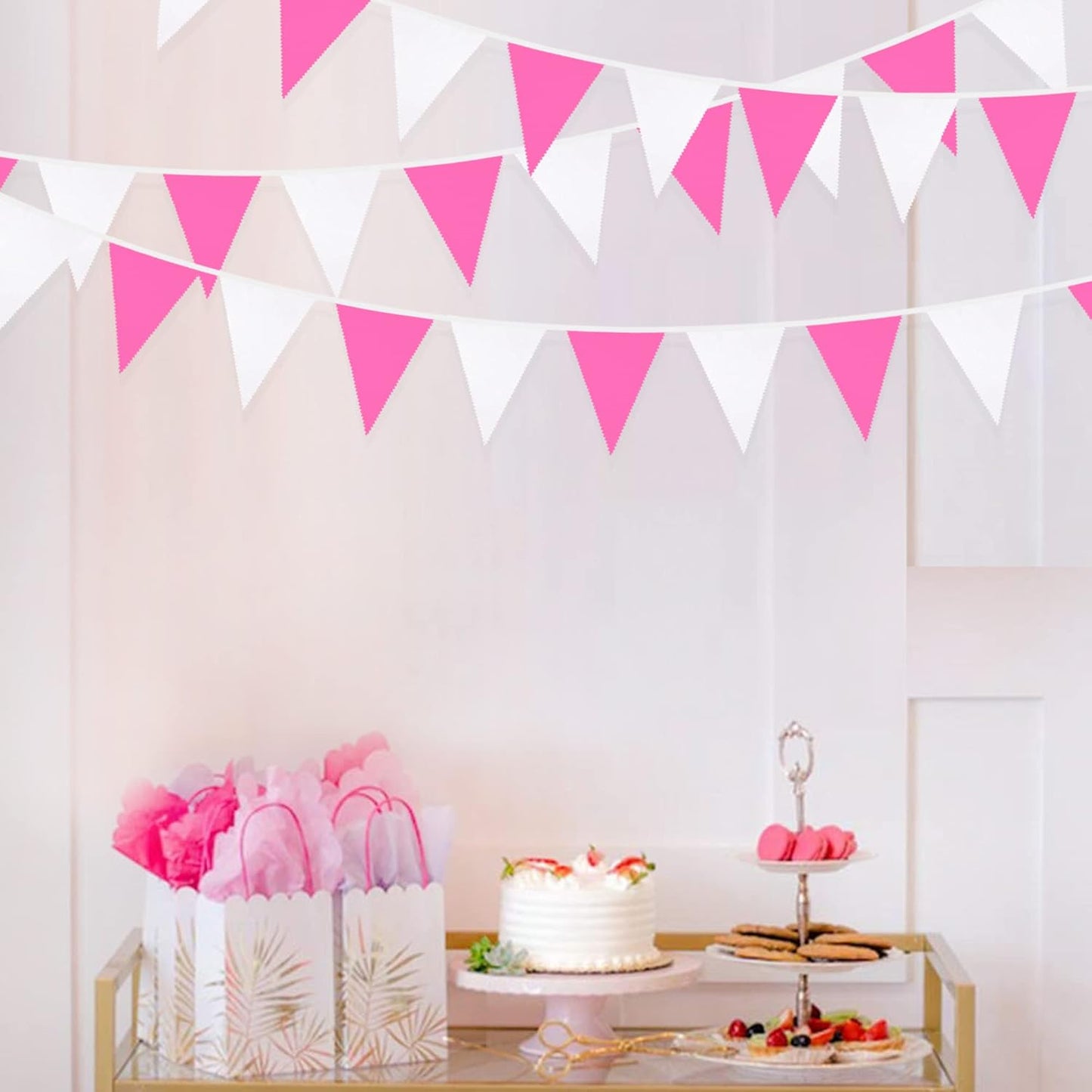 32Ft Rose Hot Pink White Pennant Banner Fabric Triangle Flag Cotton Bunting Garland Kit for Wedding Birthday Baby Shower Anniversary Party Home Nursery Outdoor Garden Hanging Festivals Decoration