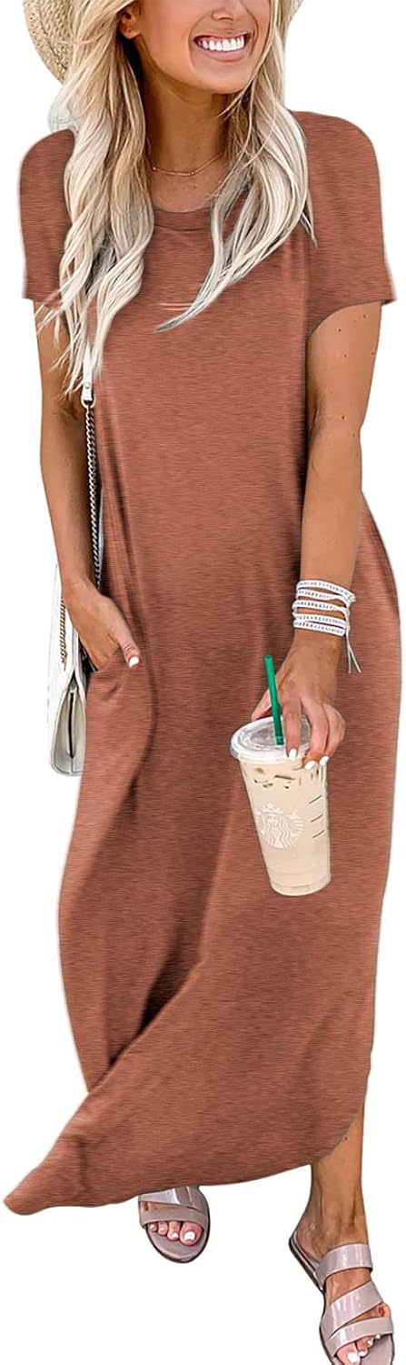 ANRABESS Womens Summer Maxi Dress Short Sleeve Casual Loose Long T Shirt Dresses Split Vacation Beach Sundress Travel Outfits