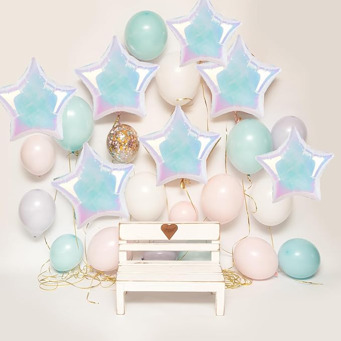 10PCS Iridescent Laser Star Foil Balloons, Transparent Laser Foil Stars Shape Balloons, 18 Inch Colorful Stars Balloon Aluminum for Helium for Birthday, Baby Shower, Wedding Party Decoration