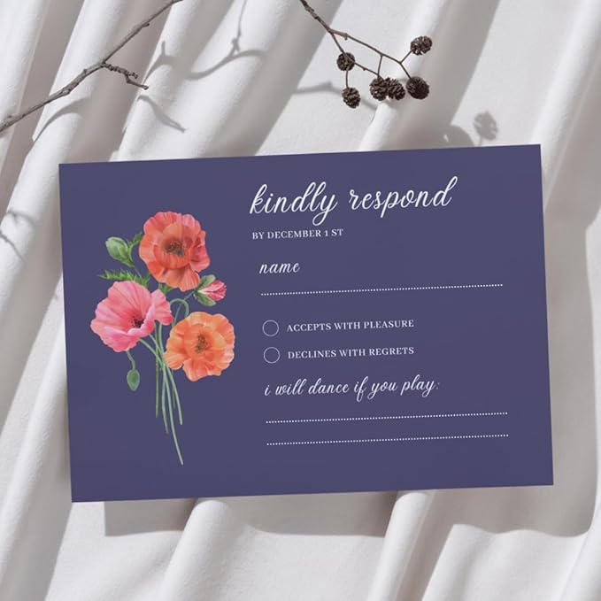 Personalized Wedding RSVP Cards On Glossy Thick Card With Envelope, Personalized Reponse, 5 x 3.5 Inches, Set of 15 Custom Cards with White Envelopes (Navy Blue)
