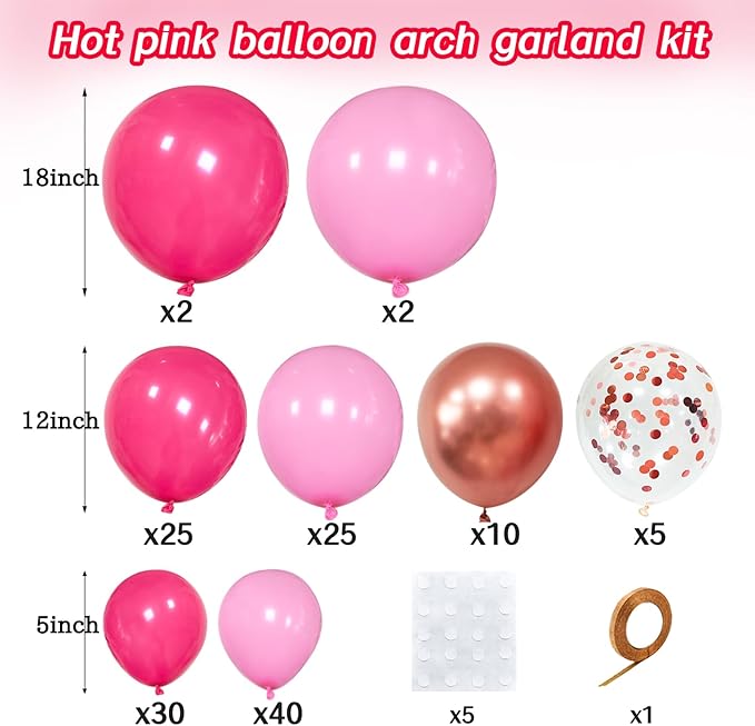 Pink Balloon Garland Arch Kit, 145pcs Hot Pink Rose Gold Balloons with Confetti Balloons for Mother's Day Decoration Girl's Birthday Bridal Baby Shower Princess Theme Party Background Decorations