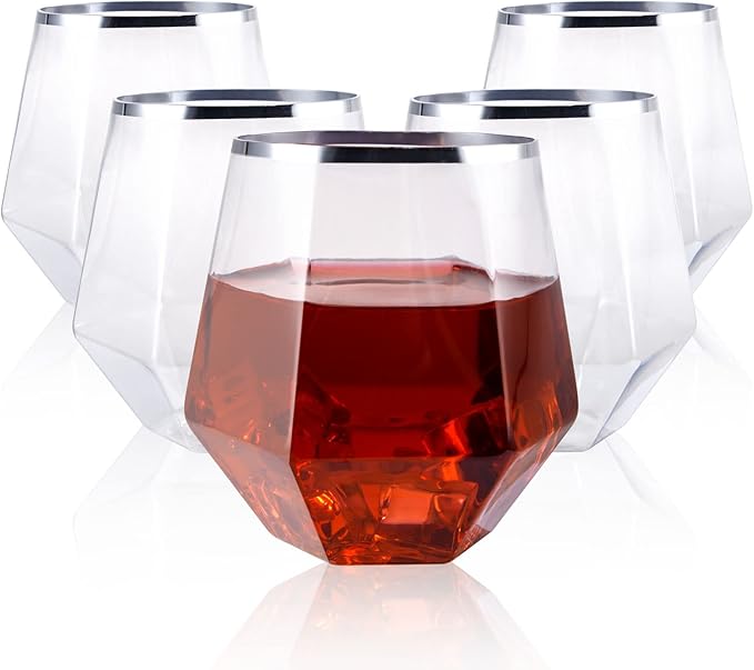 LUODA 32 Pack Silver Plastic Wine Glasses,12 Oz Disposable Whiskey Glasses, Silver Stemless Diamond Shaped Wine Glasses For Serving Wine, Cocktail, Whiskey,Wedding