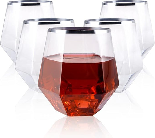 LUODA 32 Pack Silver Plastic Wine Glasses,12 Oz Disposable Whiskey Glasses, Silver Stemless Diamond Shaped Wine Glasses For Serving Wine, Cocktail, Whiskey,Wedding