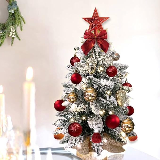 Small Christmas Tree with Light for Table Top, Mini Tabletop Christmas Tree with Decoration, 2FT Pre-lit Artificial Flocked Christmas Tree for Home, Office, Desk, Red