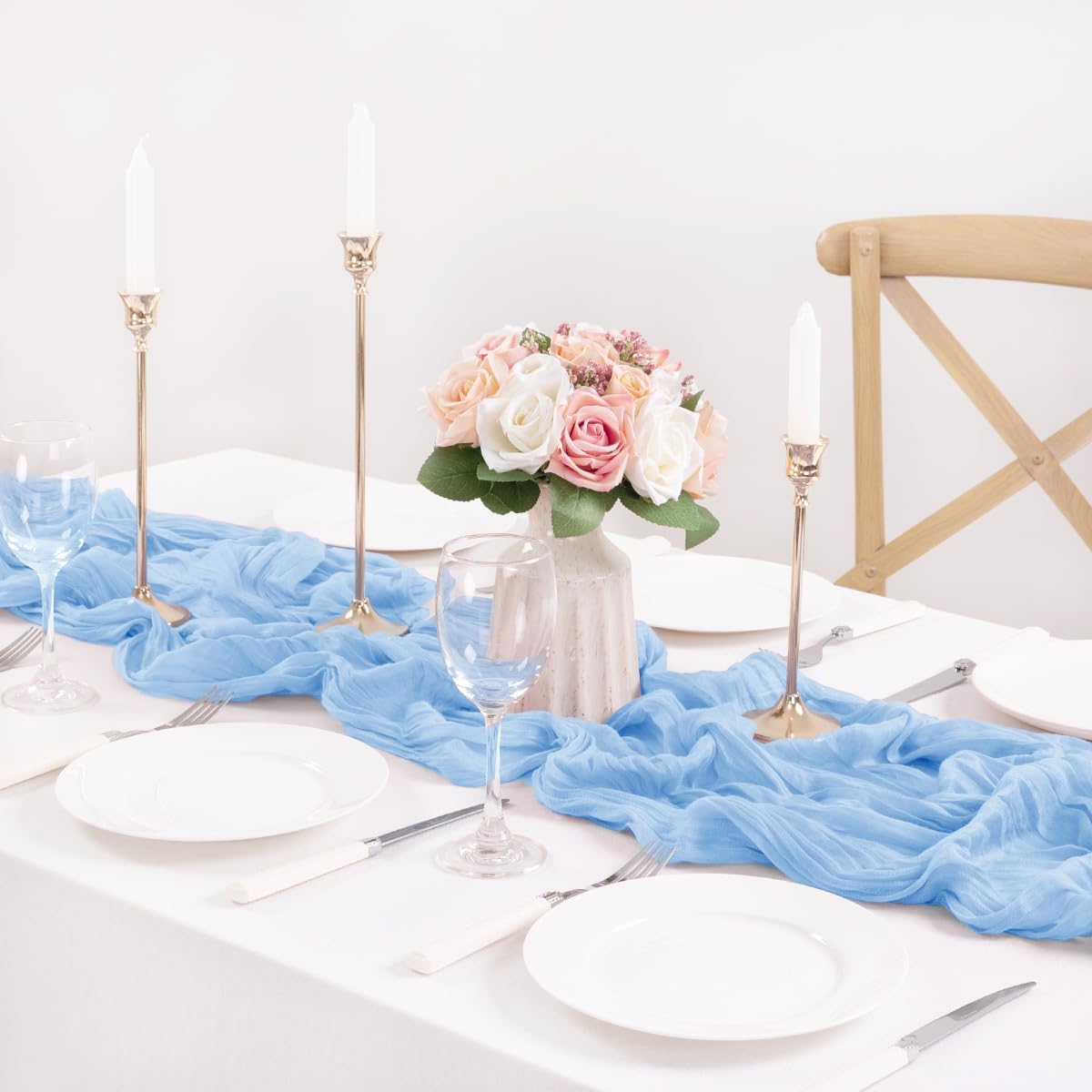 MLMC 12 Pack Baby Blue Cheesecloth Table Runner 10ft Rustic Light Blue Baby Shower Table Runner Bulk 35x120 Inches for Wedding Birthday Baby Shower Gender Reveal Fall Decor