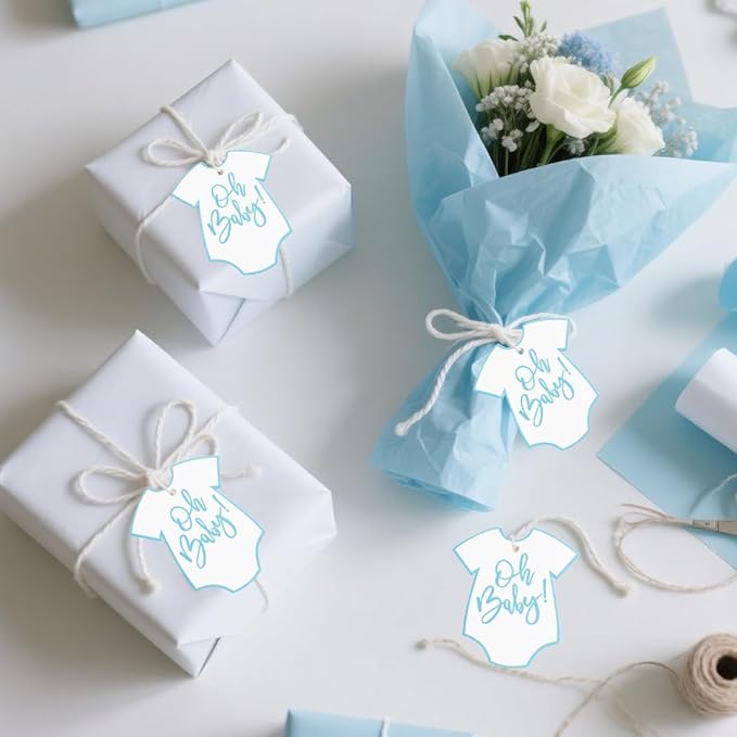ASYEHJNR 100Pcs Gift Tags with String Oh Baby Sign Blue Baby Clothes Large Gift Tags with 65 Ft Jute Twine Cute Tags White Paper Gift Tag for It's a Boy Gender Reveal Baby Shower Party Gift Wrap Tag