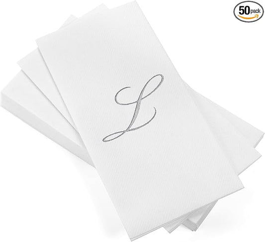 AMERICAN HOMESTEAD Disposable Hand Towels - Silver Foil Monogrammed Guest Napkins - Linen-Like Bathroom Paper Towels for Guests - Perfect Wedding and Party Napkins - 50 Count (Silver L)