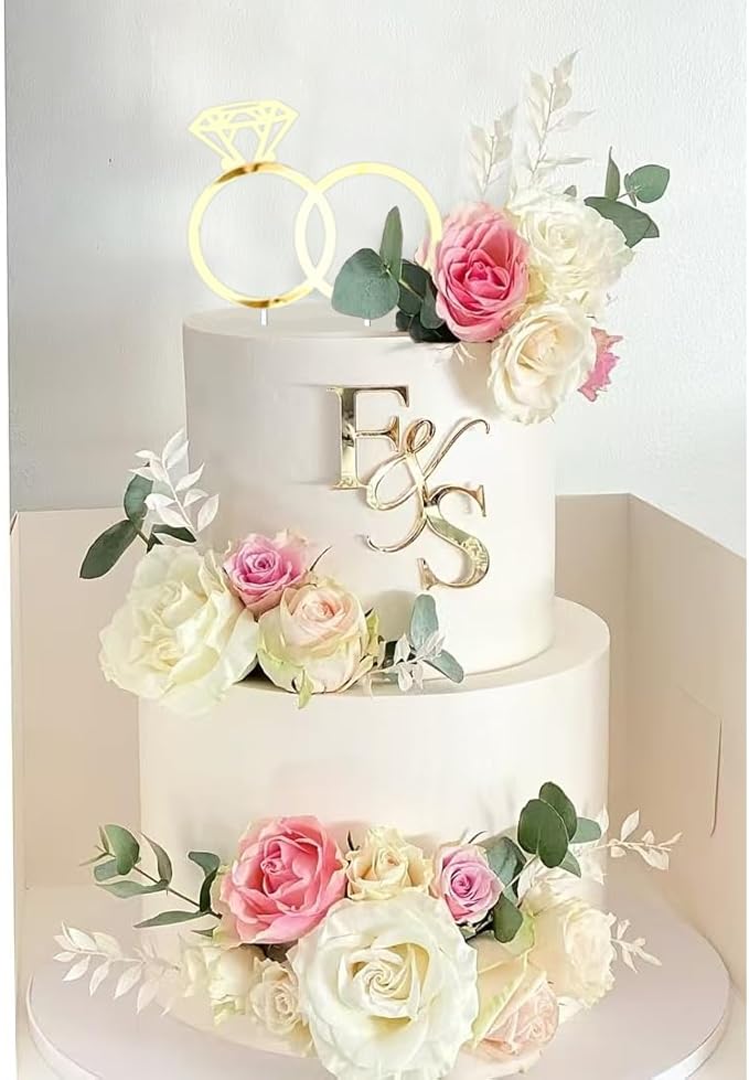 Wedding Cake Topper Diamond Ring Cake Topper with 26 Letter Personalize Bride and Groom Initial Sign
