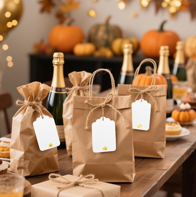 ASYEHJNR 100 Pcs Blank Gift Tags with String Gold Foil Pumpkin Large White Paper Gift Tags with 65 Ft Jute Twine Cute Tags for Halloween Autumn Fall Harvest Thanksgiving Gift Wrap Tags