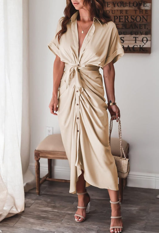 Women Elegant Satin Button Down Short Sleeve Maxi Shirt Dress with Belt