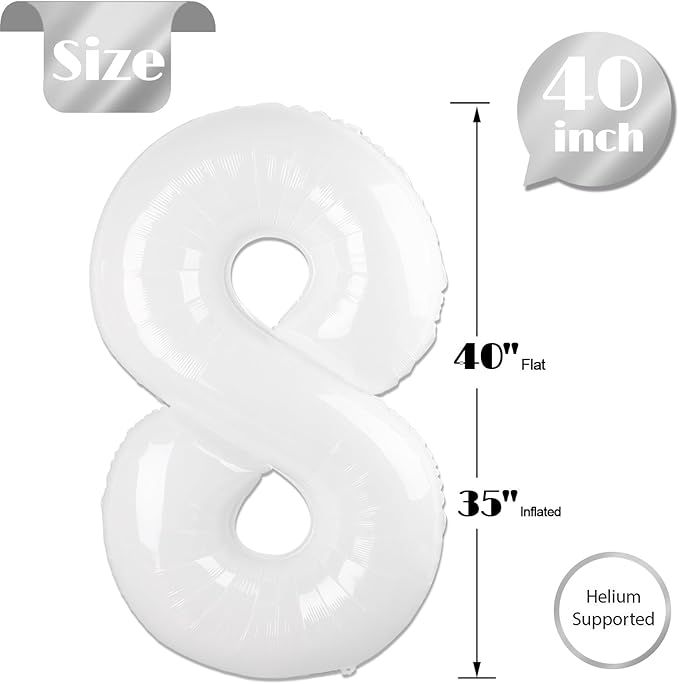 White 8 Balloon, Translucent Number Balloons 40 Inch, 8th Birthday Decorations for Boys Girls, White Birthday Balloons, White Party Supplies, Number 8 Balloon