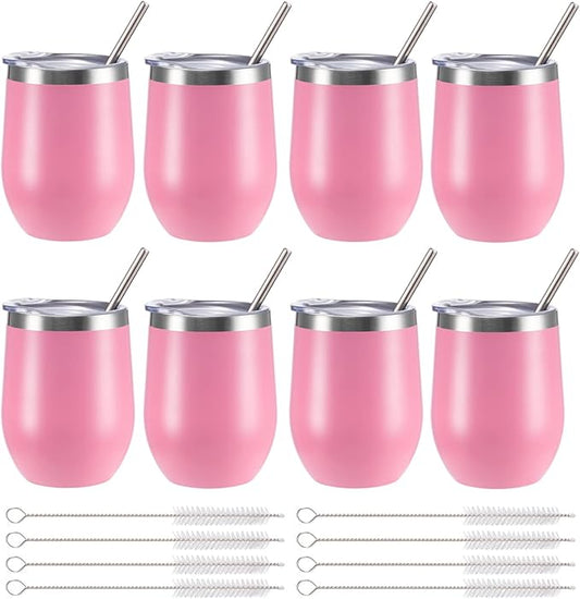 12 oz Insulated Wine Tumbler with Lid and Straw,Stainless Steel Stemless Wine Tumbler Glasses Double Wall Vacuum Wine Cups Tumbler Bulk for Coffee,Champaign,Cocktail,Office(Pink,8)
