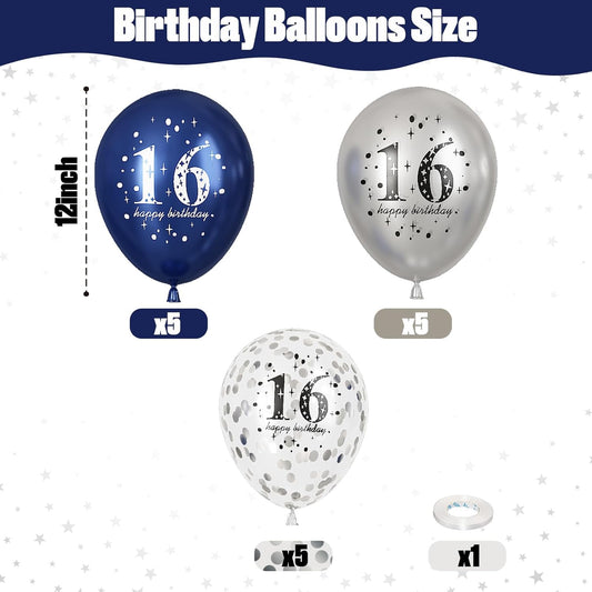 16th Birthday Decorations Boys, Pack of 15 Happy 16th Birthday Balloons Latex Helium Navy Blue Silver Confetti Balloons for Age Sixteen 16 Years Old Birthday Party Decorations Celebration Supplies