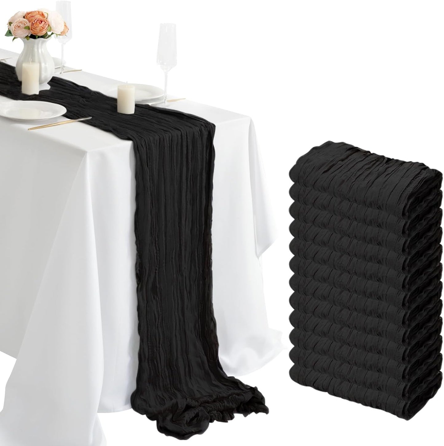 combocube 12 Pack 35x120 Inch 10Ft Cheesecloth Long Table Runner Gauze Rustic Romantic Table Cloth for Halloween Wedding Reception Bridal Shower Holiday Birthday Party Table Decorations, Black