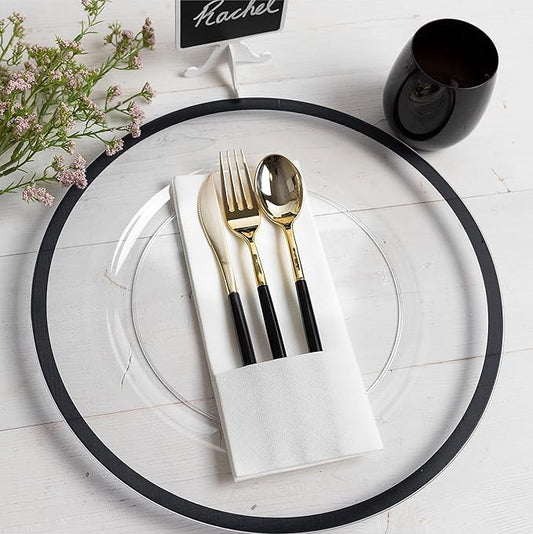 PARTY BARGAINS 13-Inch Charger Plates - 16 Pack, Clear Black Rim, Heavy-Duty Disposable Chargers for Elegant Dining - Ideal for Weddings and Formal Events