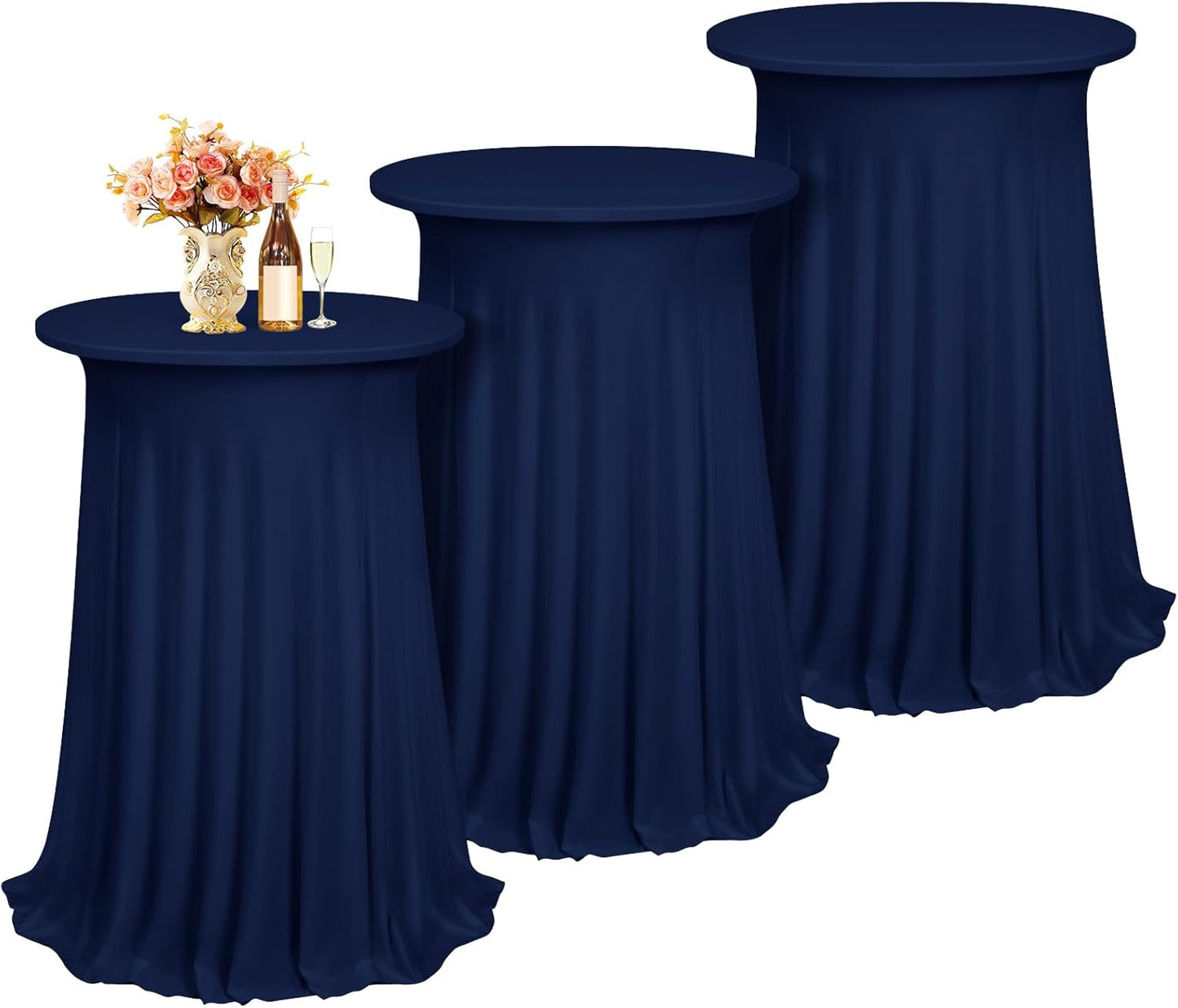 3 Packs Cocktail Table Covers Navy Blue Round Bar Table Cloth Dark Blue 32"x 43" Spandex Stretch High Top Table Covers with Wavy Drapes Fitted High Top Table Cloth for Party Wedding Banquet Bar Table
