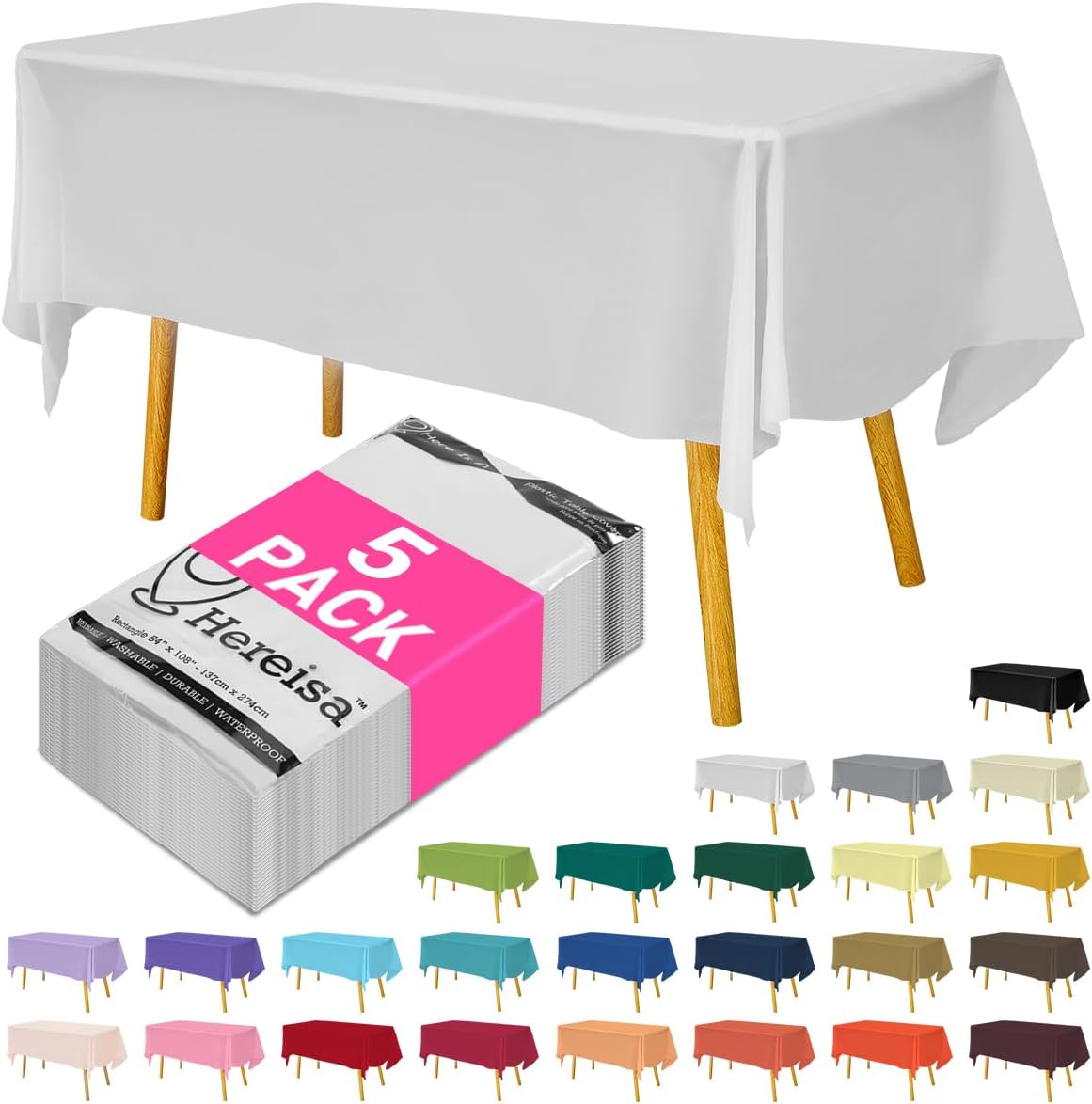 Disposable Plastic Tablecloth White 54x108 Inch, 5-Pack Waterproof Rectangular Table Cover for Parties, Picnics, Dining Protection