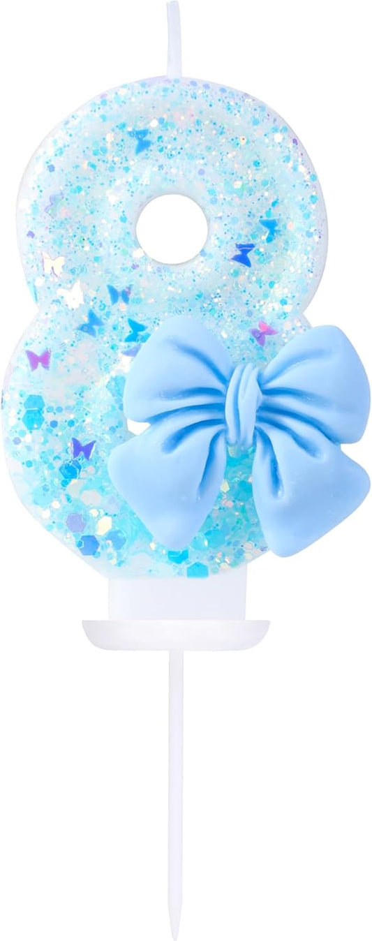 Birthday Candles 8 Cake Topper Decorations, Blue Bow 8 Candle for Boy Girl Kids Pets 8 Years Old Pastel Birthday Party Supplies (Number 8)
