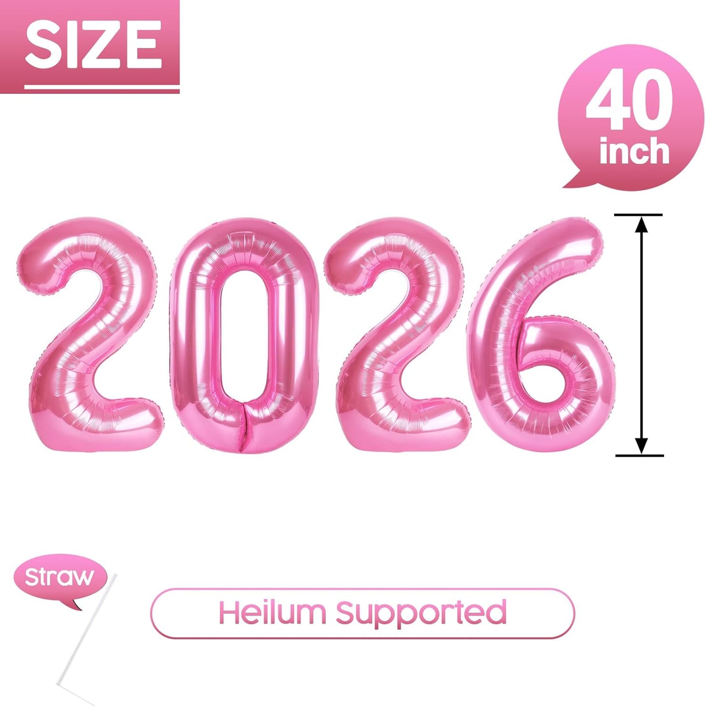 2026 Balloon - Pink Birthday Number Balloons, 40 Inch Large Foil Balloons for Men Women Boys Girls Pink Themed Birthday Decorations，Number 2026 Balloon
