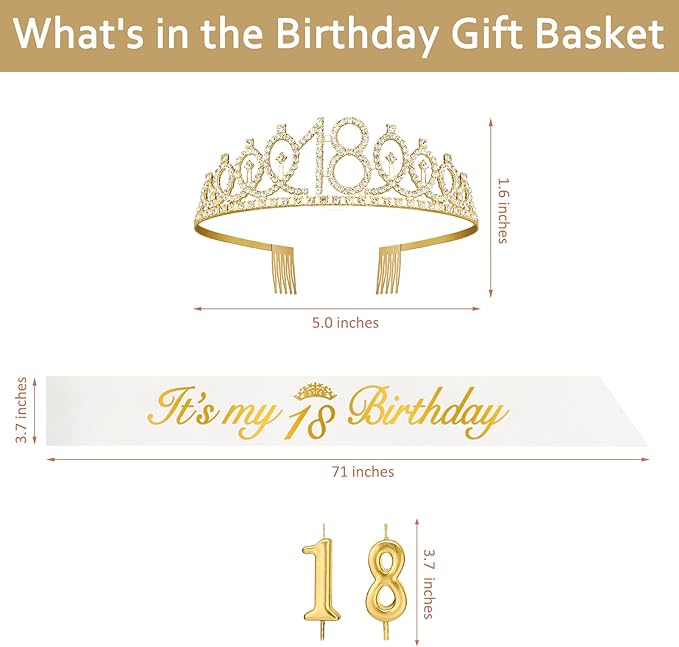 18th Birthday Decorations for Girls with 18th Birthday Sash White and Tiara Gold, Number Candles Gold, 18 Year Old Girl Gifts