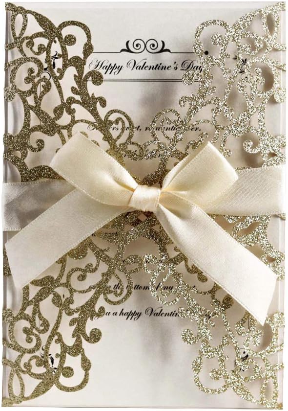 50Pcs Glitter Floral Laser Cut Wedding Invitation Cards with Envelope Blank Inner Sheet and Ribbon for Wedding Engagement Bridal Shower Party Invite(7.09 X 4.92inch, Gold)