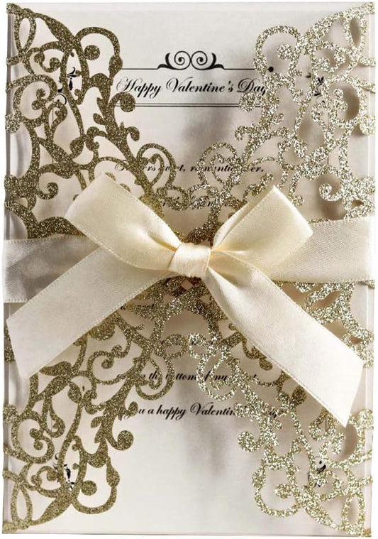 50Pcs Glitter Floral Laser Cut Wedding Invitation Cards with Envelope Blank Inner Sheet and Ribbon for Wedding Engagement Bridal Shower Party Invite(7.09 X 4.92inch, Gold)