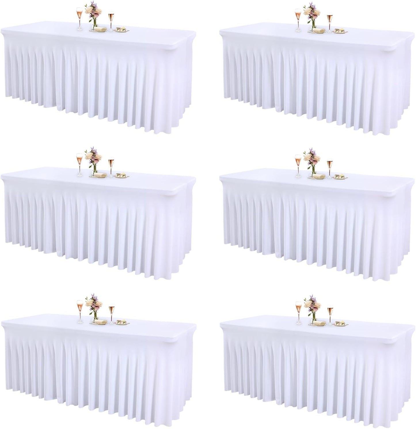 6 Packs White Spandex Tableclothes for 8 Foot Rectangle Table, Spandex Table Covers 8FT Stretch Table Skirts Rectangle Tables Wrinkle Free Fitted Tablecover for Event, Wedding, Banquet & Parties