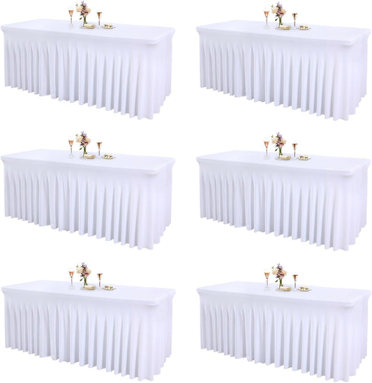 6 Packs White Spandex Tableclothes for 6 Foot Rectangle Table, Spandex Table Covers 6FT Stretch Table Skirts Rectangle Tables Wrinkle Free Fitted Tablecover for Event, Wedding, Banquet & Parties