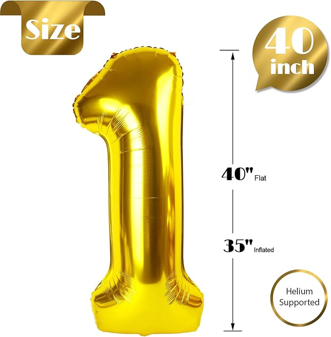 40 Inch Gold 1 Balloon for First Birthday, Gold One 1st Number Balloon Birthday Decorations, 10th 21st, Giant Number 1 Balloon