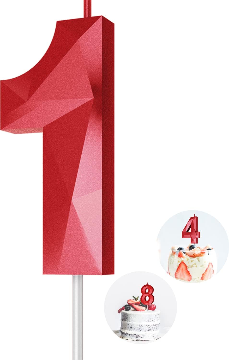 Number Birthday Candles(1 Candle Red) 3D Diamond Shape Number Happy Birthday Cake Candles for Birthday Party Wedding Decoration Reunions Theme Party