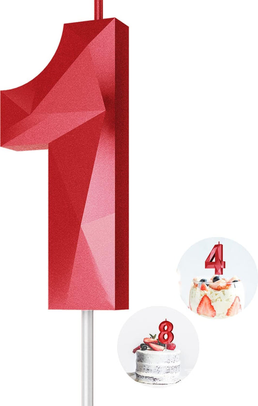 Number Birthday Candles(1 Candle Red) 3D Diamond Shape Number Happy Birthday Cake Candles for Birthday Party Wedding Decoration Reunions Theme Party