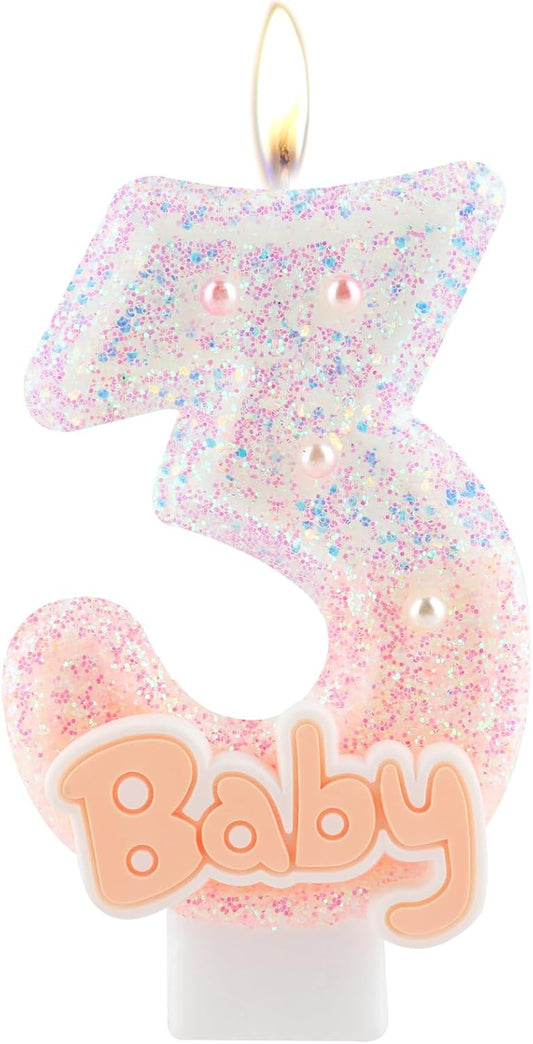 Pink Baby Number 3 Birthday Candle, 2.8in Cute Shiny 1st Happy Birthday Candle with Tray & Stick Girls 3 Candle for 3rd Birthday Ideal Birthday Parties Cake Decoration & Gifts