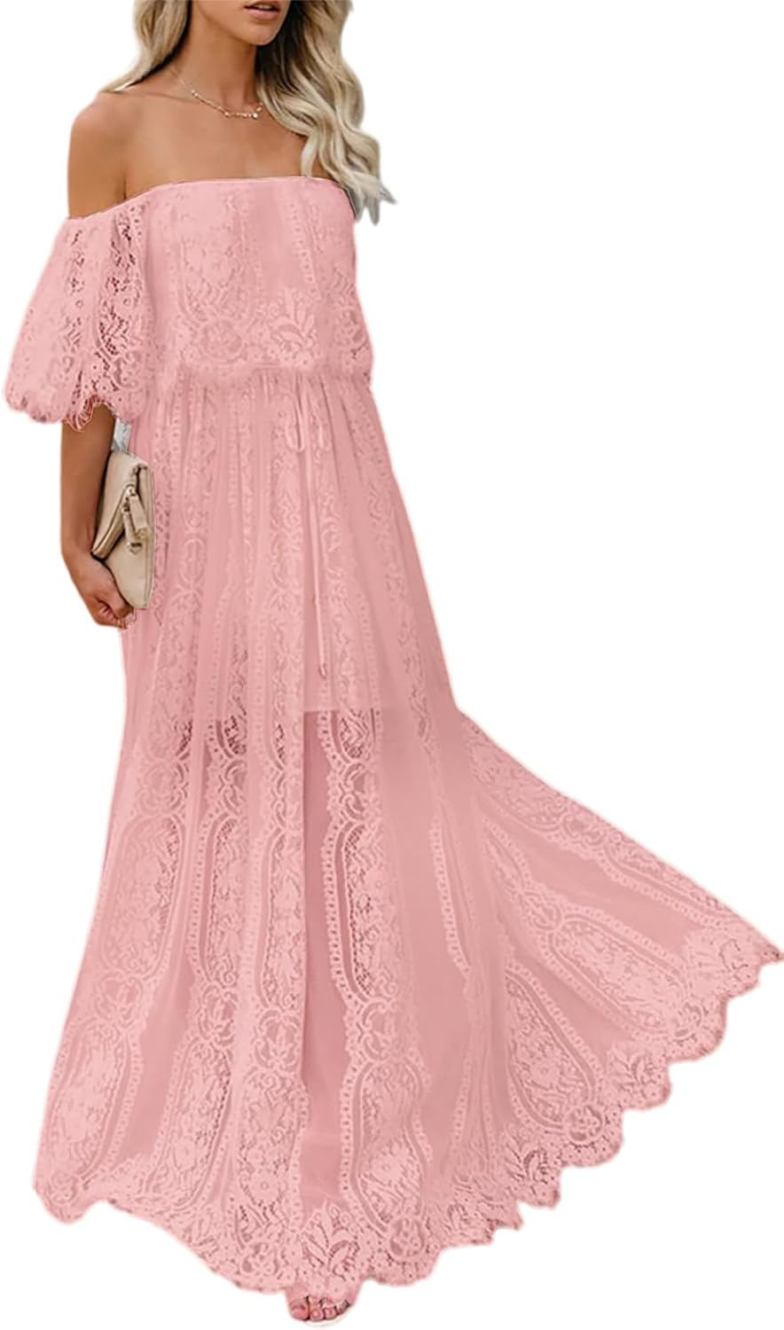 HOYISHION Women's Off The Shoulder Floral Lace Maxi Dress White Bridesmaid Wedding Party Maternity Photoshoot Long Dresses