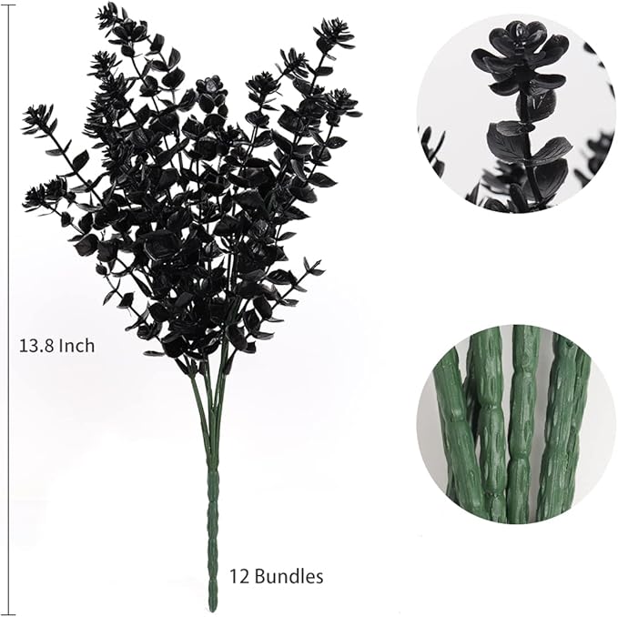 RECUTMS Black Artificial Flowers, 12 Pcs Fake Outdoor UV Resistant Plants Faux Plastic Greenery Shrubs Indoor Outside Hanging Planter Flower Decoration, Garden Decor (Black)
