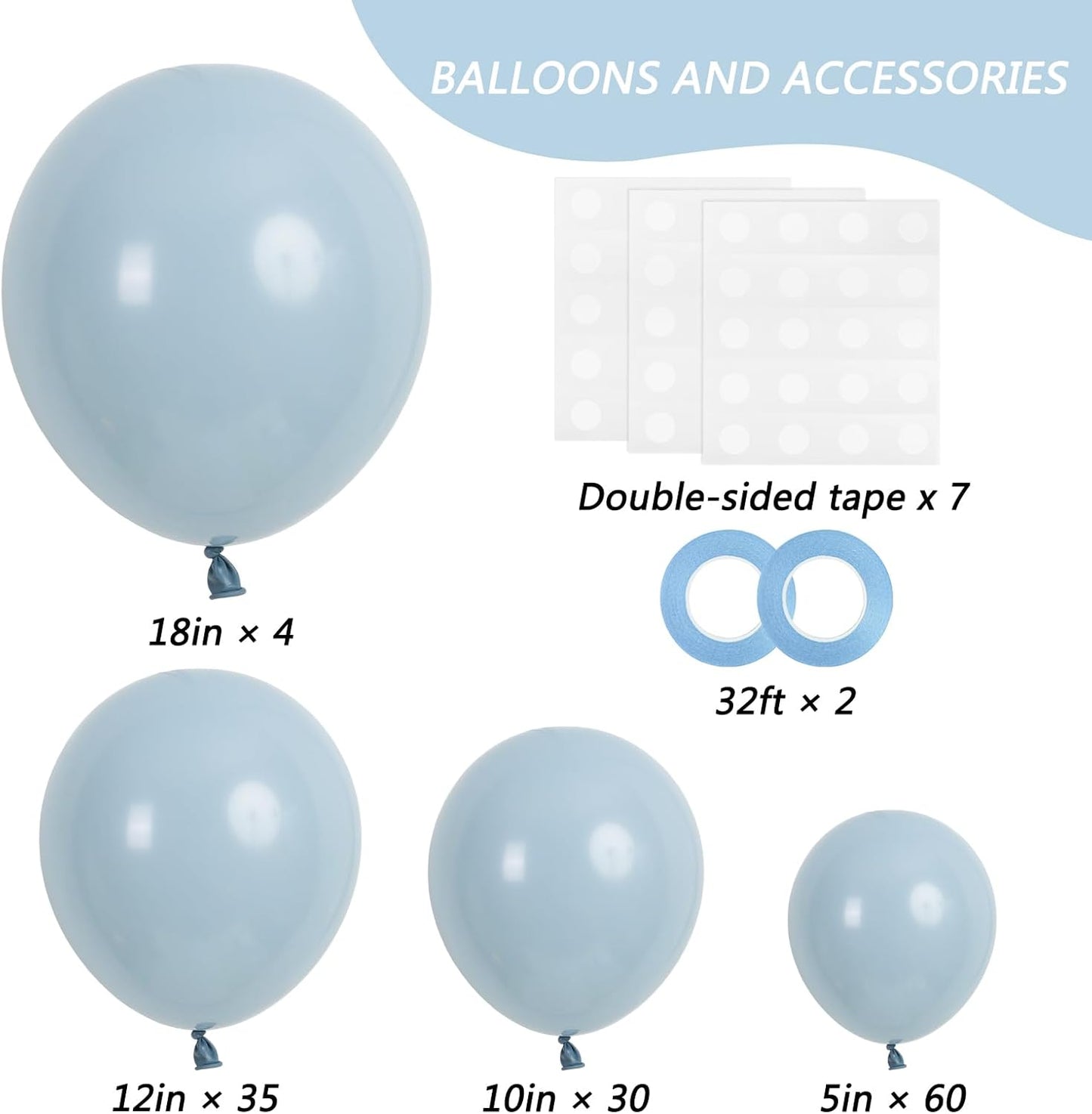 RUBFAC 129pcs Dusty Blue Balloons Different Sizes 18 12 10 5 Inch Latex Haze Blue Balloon Garland Arch for Party Decoration Birthday Wedding Engagements Anniversary Baby Shower Party Supplies