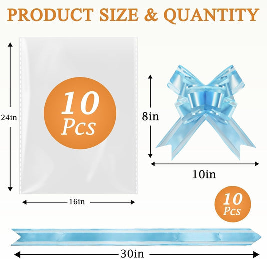 PigPotParty 16"x24" Clear Cellophane Gift Bags - Includes Bows – 10 Pack Cellophane Wrap for Gift Baskets, Plastic Gifts Bags for Gift Giving
