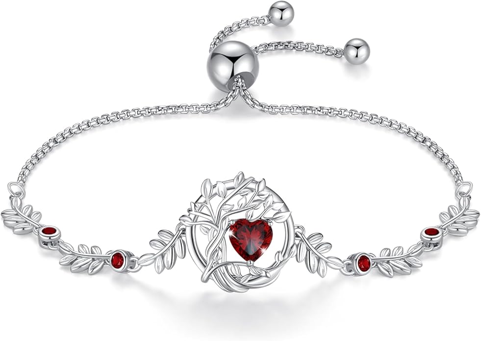 FANCIME Valentines Day Gift Tree of life Birthstone Bracelet for Women Sterling Silver Tree Jewelry Birthstone Charm Bracelet Gemstone Anniversary Birthday Gifts for Wife Mom Her