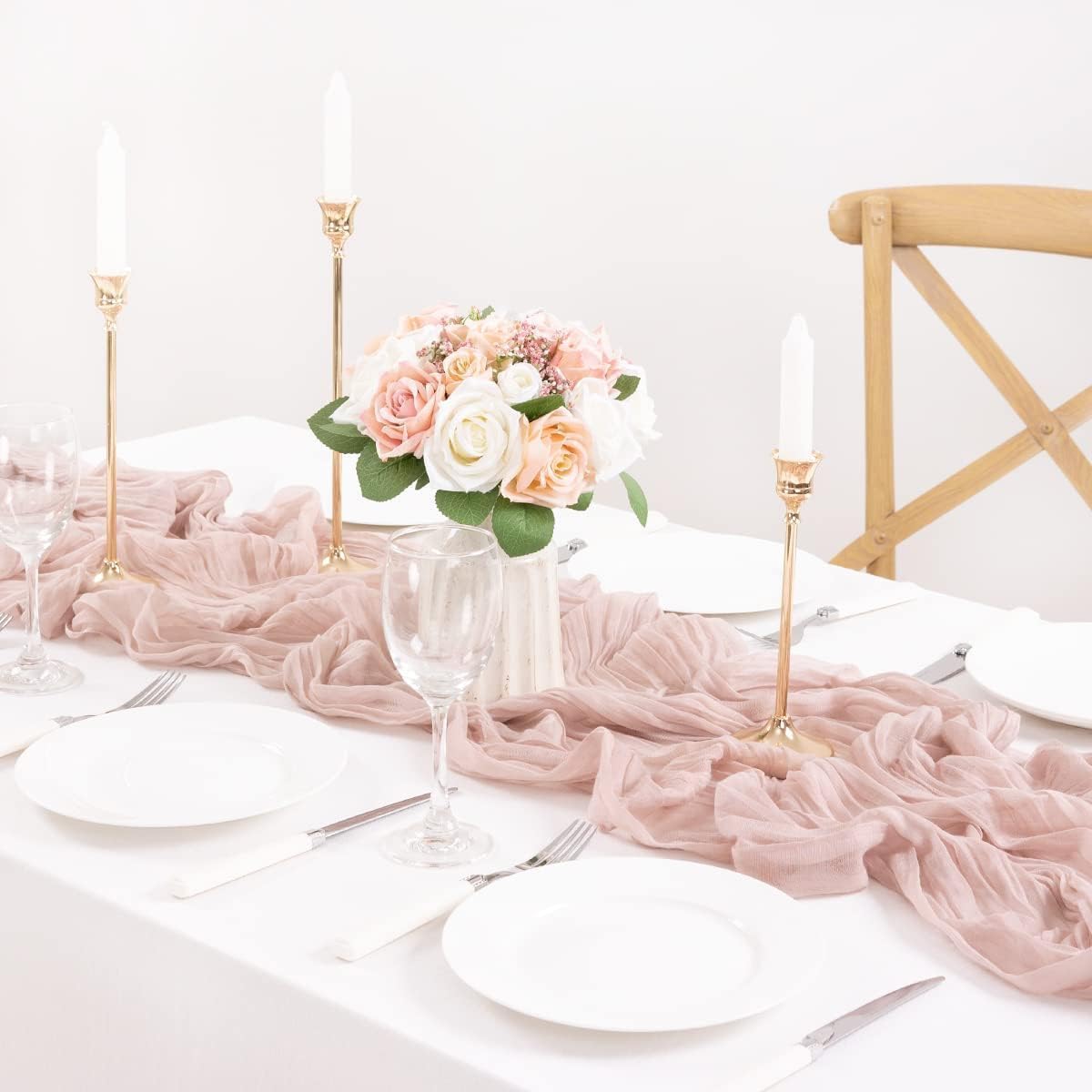 MLMC Pink Table Runner Boho Cheesecloth Table Runner 10ft Rustic Dusty Pink Gauze Cheese Cloth Centerpiece Decor 35x120 Inches for Wedding Bridal Baby Shower Birthday Party Decor