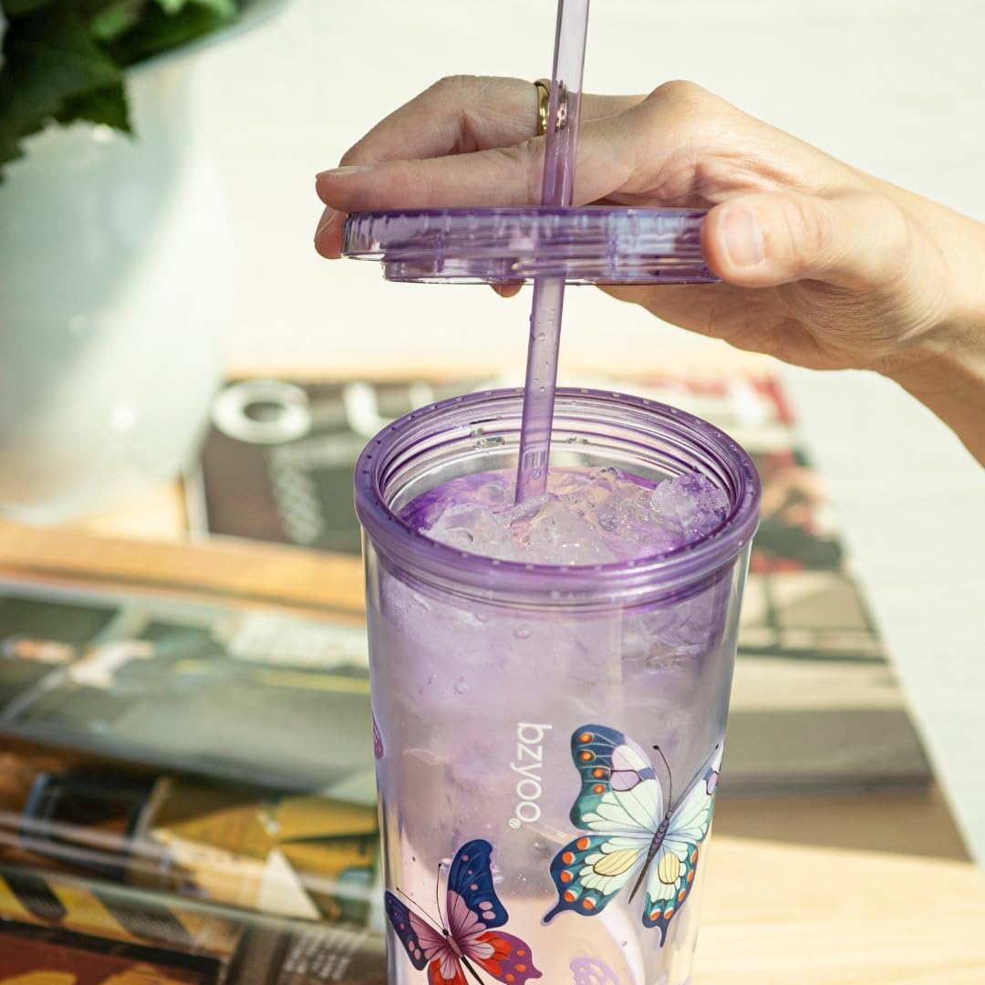 bzyoo SIP 24oz (710ml) Double Wall Plastic Tumbler with Lid and Straw Cold Drink Travel Mug Reusable Party Cup Perfect for Ice Coffee, Tea Office Poolside Parties Gifts Color: Butterfly Purple