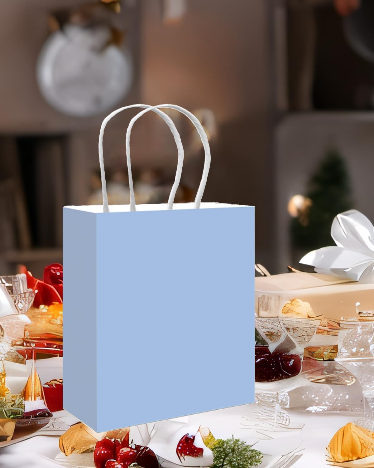 qiqee 100PCS Gift Bag with Handles Bulk Light Blue Paper Bags Multiple Uses (11"x5"x8"inch Medium Size)