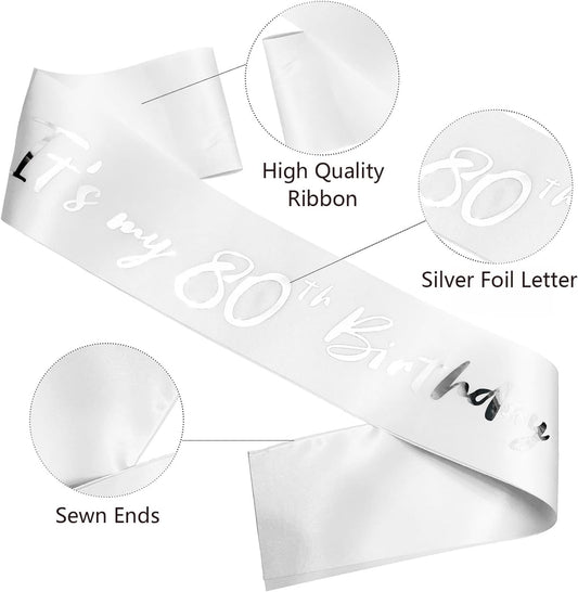 80th Birthday Sash, It's My 80th Birthday Sash White Silver, 80 Birthday Decorations Gifts for Women Men Happy 80th Birthday Party Favor Supplies