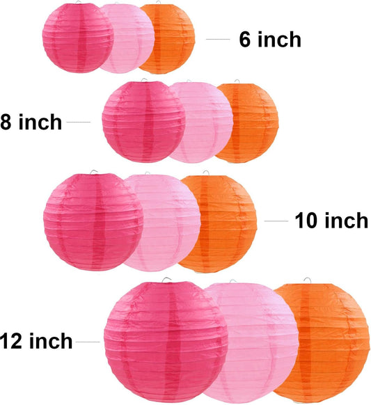 12 Pcs Pink Orange Paper Lanterns Decorative Round Hanging Lanterns for Birthday Baby Shower Wedding Graduation Fall Autumn Thanks Giving Party Decoration