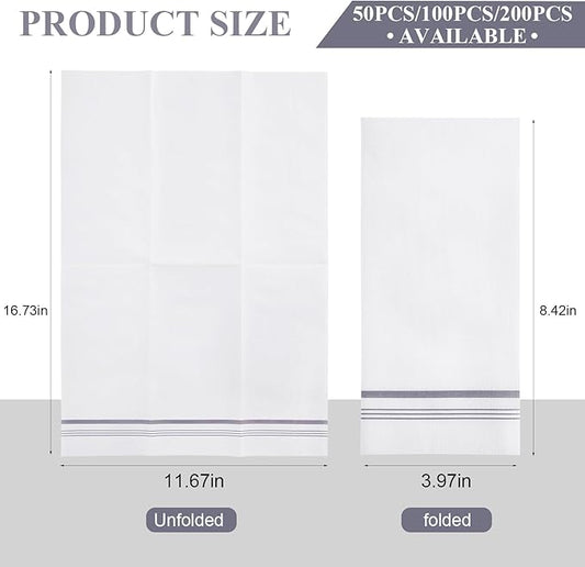 50 Linen Feel Paper Hand Towels for Bathroom, Disposable Guest Towels, Soft and Absorbent Paper Towels Napkins Bulk for Home Dinner Kitchen Wedding Graduation, 12" x 17"(Silver Trim Lined)