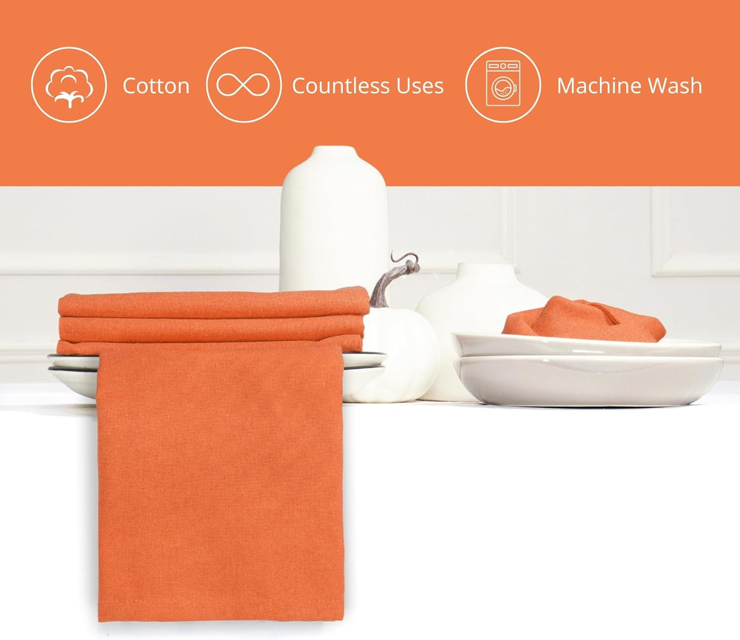 PurpleEssences Set of 6 Cloth Dinner Napkins 100% Cotton 18x18 Inch - Soft Durable Washable - Ideal for Farmhouse Party Fall Thanksgiving - Perfect Everyday Use Table Linen - Orange