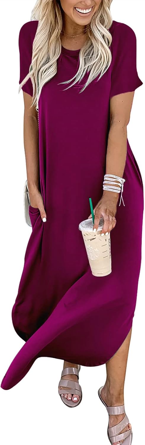 ANRABESS Womens Summer Maxi Dress Short Sleeve Casual Loose Long T Shirt Dresses Split Vacation Beach Sundress Travel Outfits